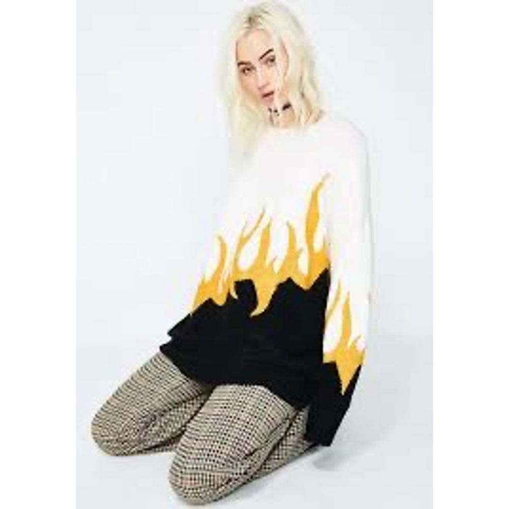 Wildfox Oversize Flame Fire Print Sweater Y2K Edgy Streetwear Jumper Size L